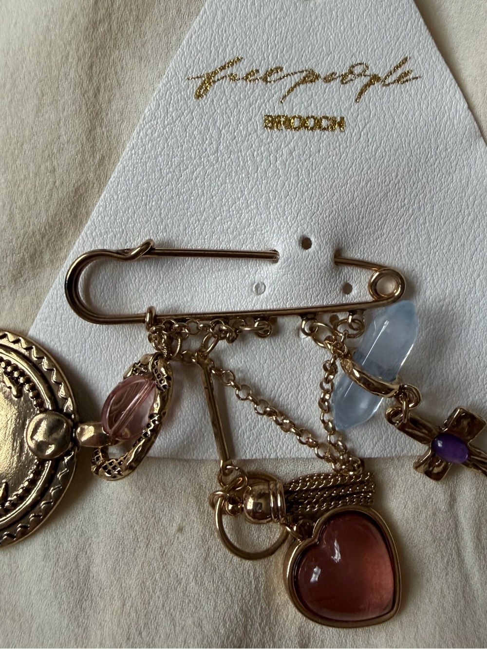 Free People Gold-Tone Safety Pin Brooch with Pink, Blue & Purple Charms